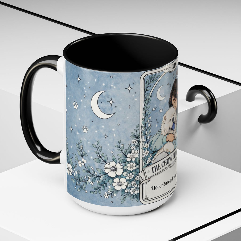 Custom Chow Chow Mom tarot card mug with personalized name, featuring a dog lover coffee mug design for Chow Chow enthusiasts.