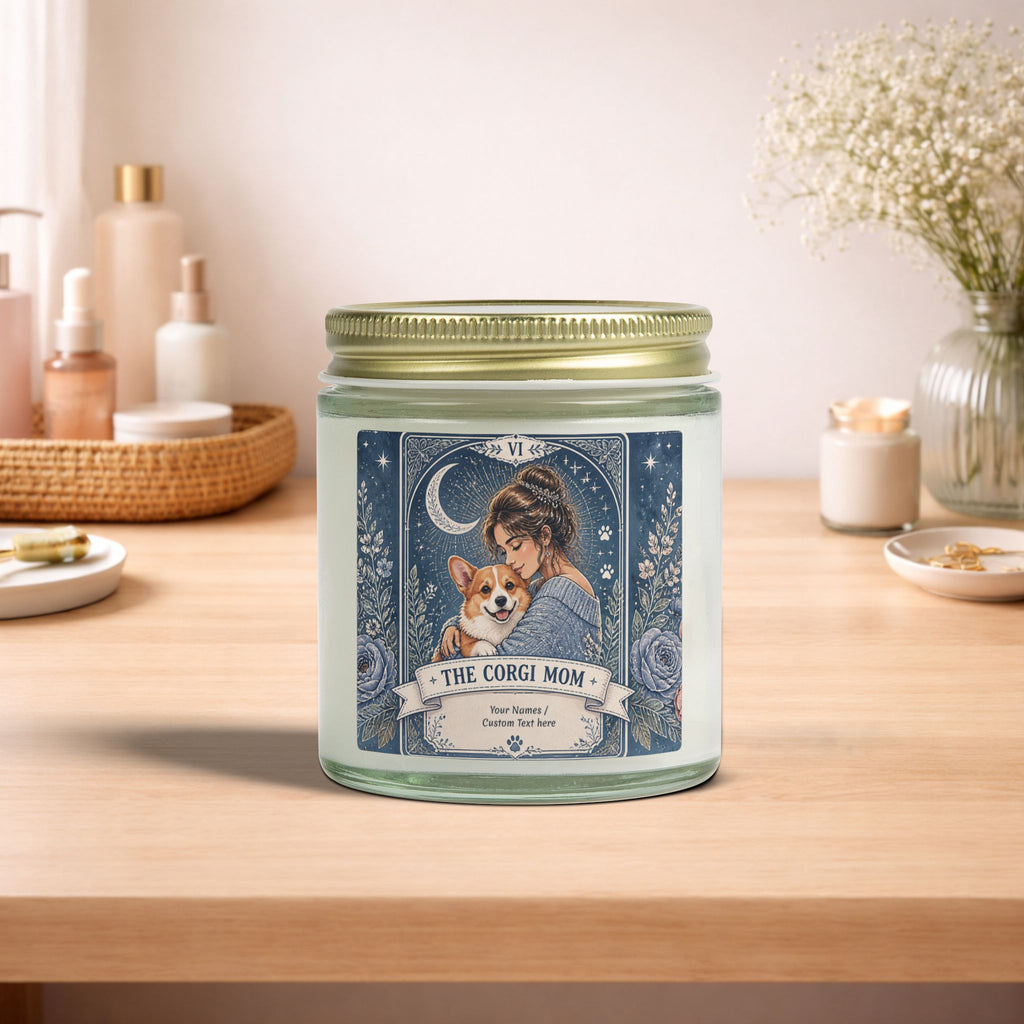 Personalized Tarot 'The Corgi Mom' scented candle with coconut apricot wax, custom print on a decorative candle for Corgi dog lovers.