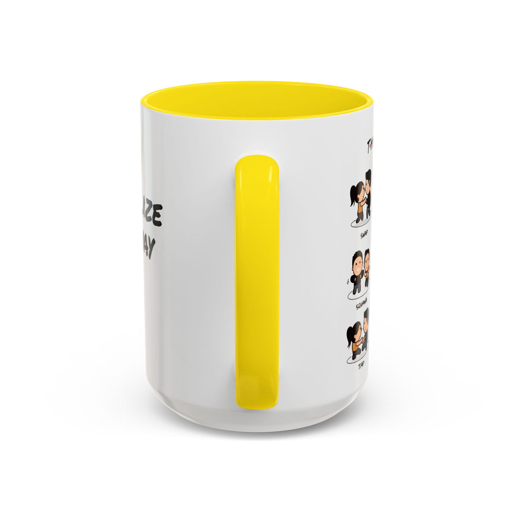 Friends-inspired funny "The Routine" accent coffee mug featuring a humorous quote and colorful design, perfect for fans of the TV show.