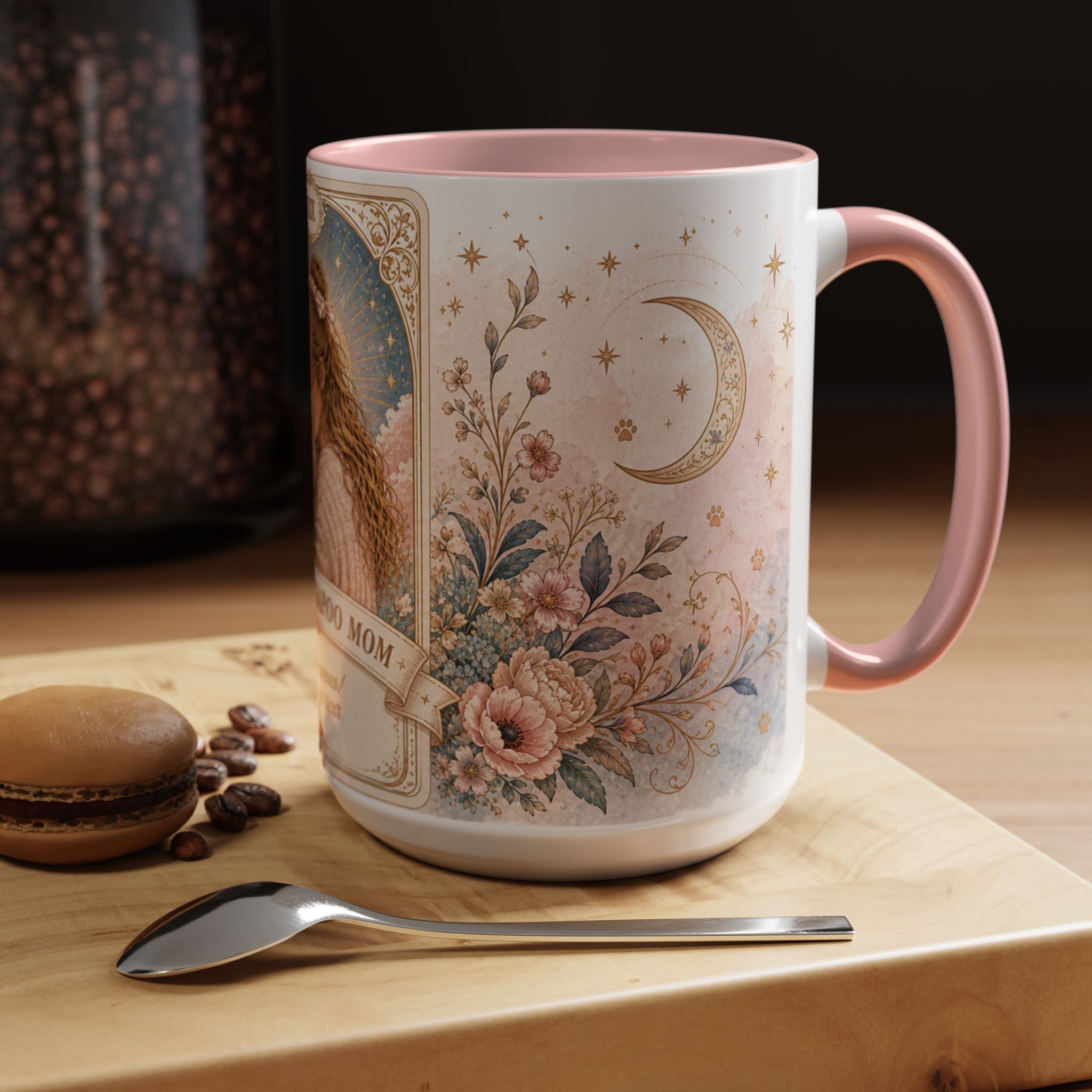 Personalized 'The Cockapoo Mom' custom floral tarot-style coffee mug with dog mom design, available in 11oz and 15oz sizes.