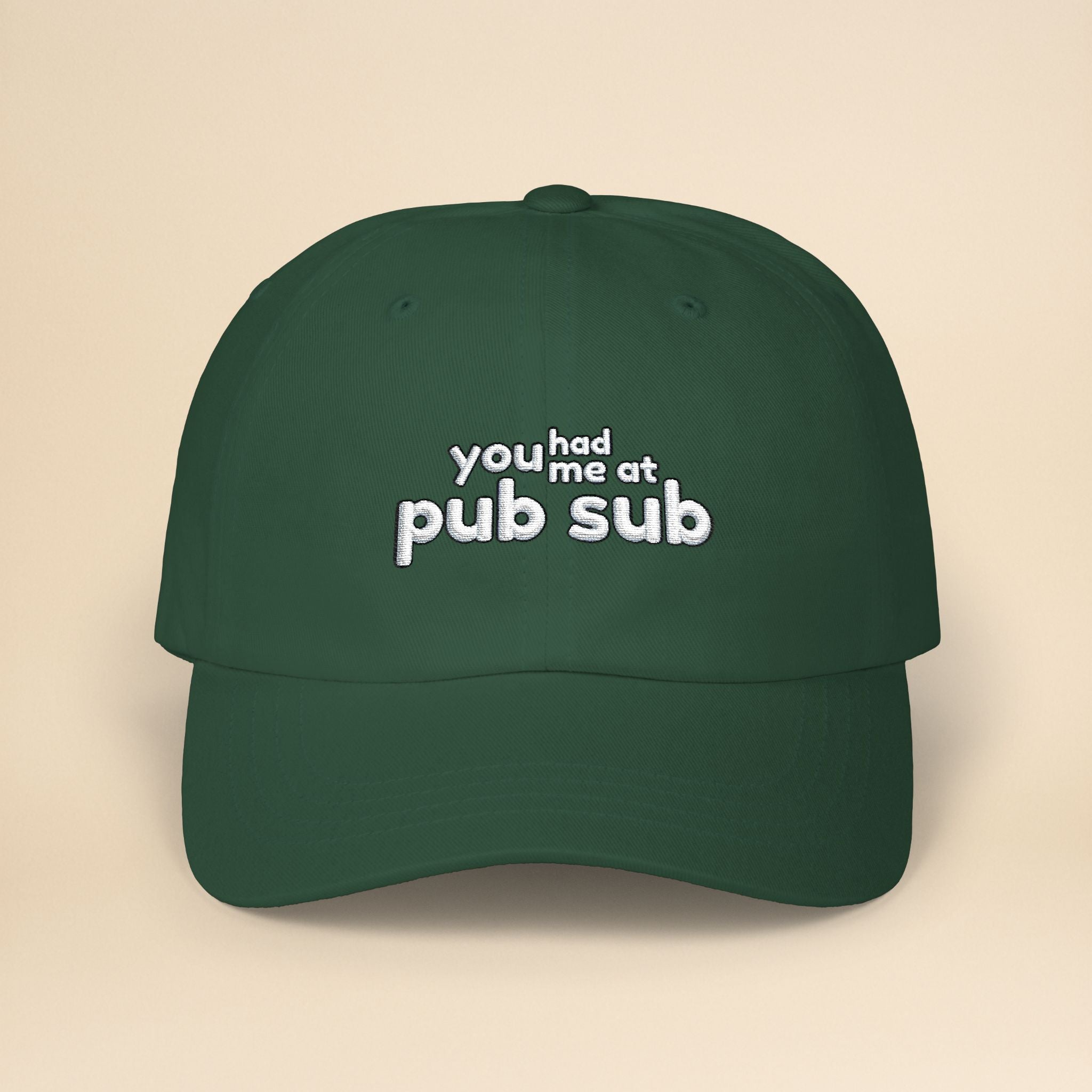 Embroidered cotton Florida Pub Sub sandwich cap hat with "You Had Me At Pub Sub" design by Printify.
