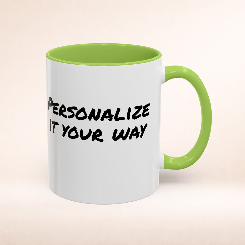 Friends-inspired funny "The Routine" accent coffee mug by Printify, featuring a humorous quote and vibrant design.