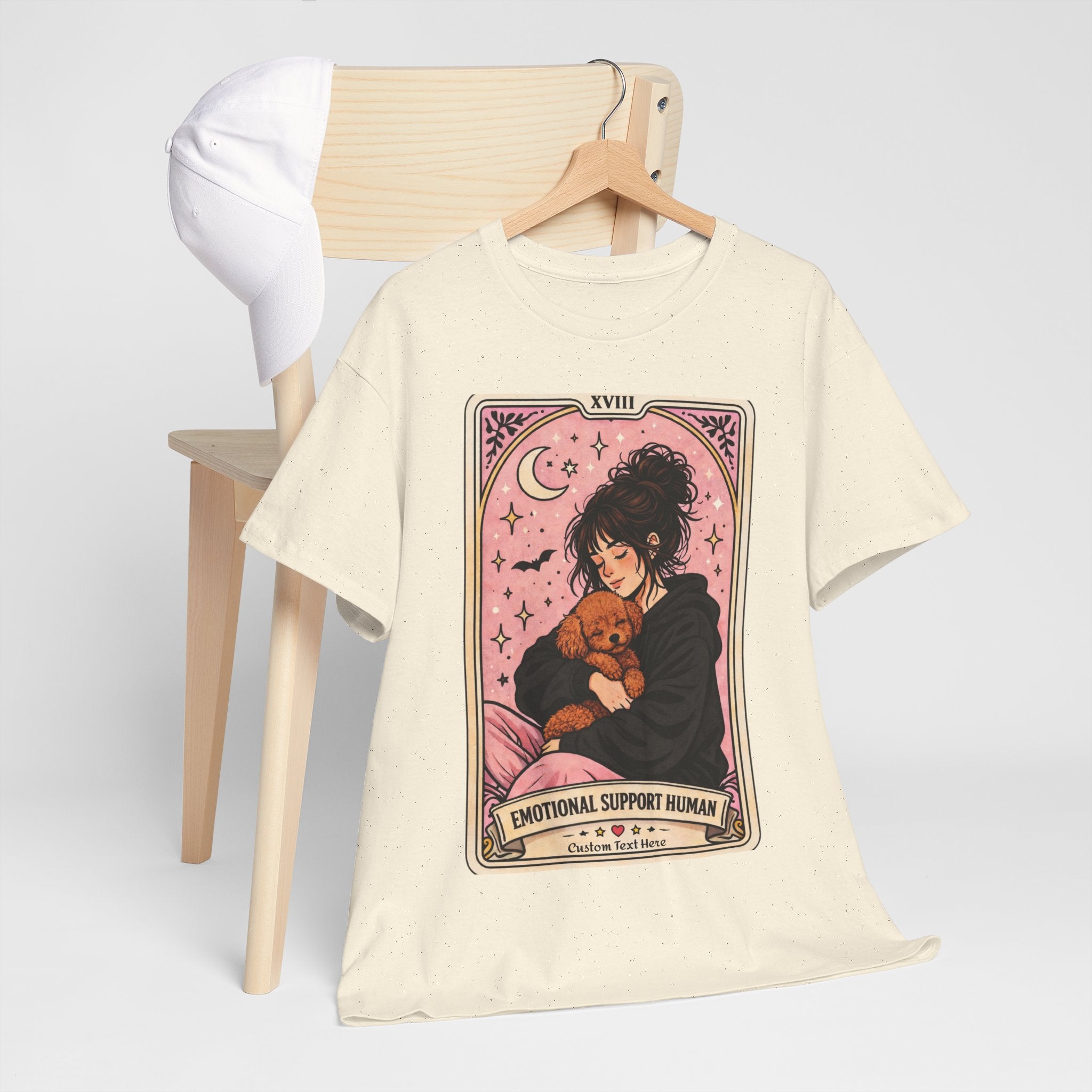 Personalized emotional support T-shirt featuring a funny dog mom tarot design, perfect for poodle moms and anxiety comfort.
