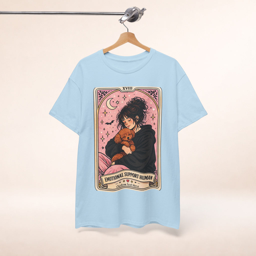 Personalized humorous Poodle Mom T-shirt with tarot and emotional support themes, featuring a fun dog mom design for comfort.