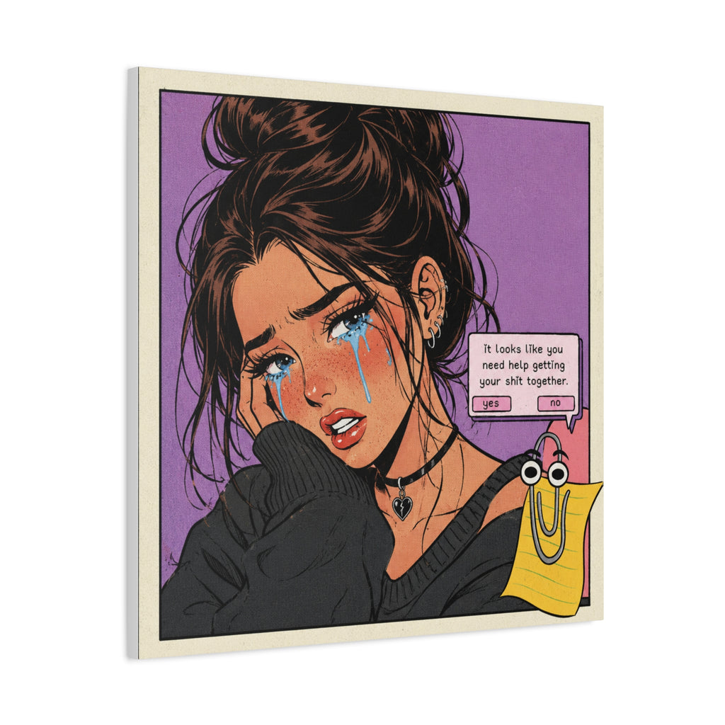 Retro Sad Girl Pop Art canvas print featuring bold text and vibrant colors, designed by Printify.