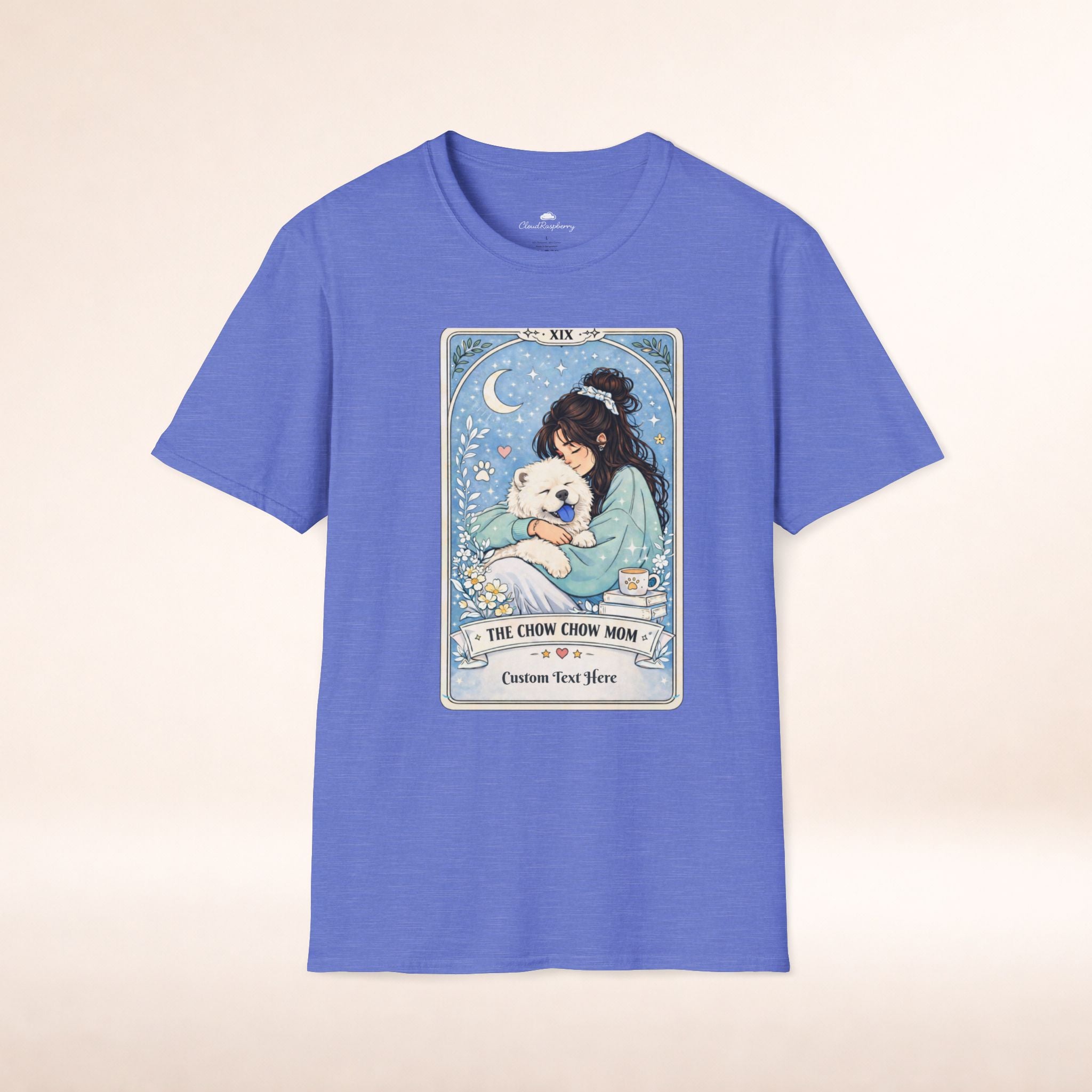 Personalized Chow Chow Mom tarot card t-shirt with custom dog mom name, featuring a Chow Chow dog design on a casual shirt.