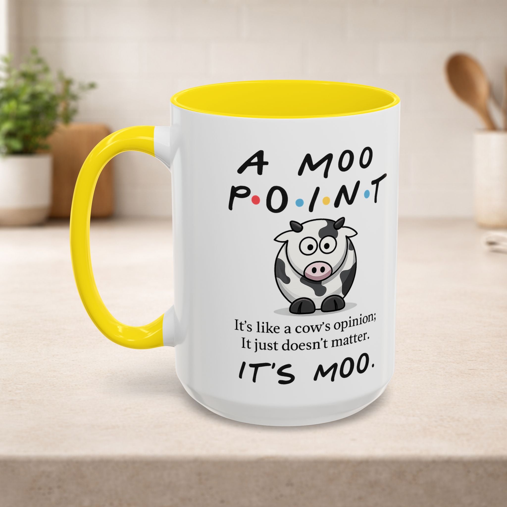 Friends Moo Point Mug, a humorous cow-themed coffee mug by Printify featuring a witty quote and playful design.