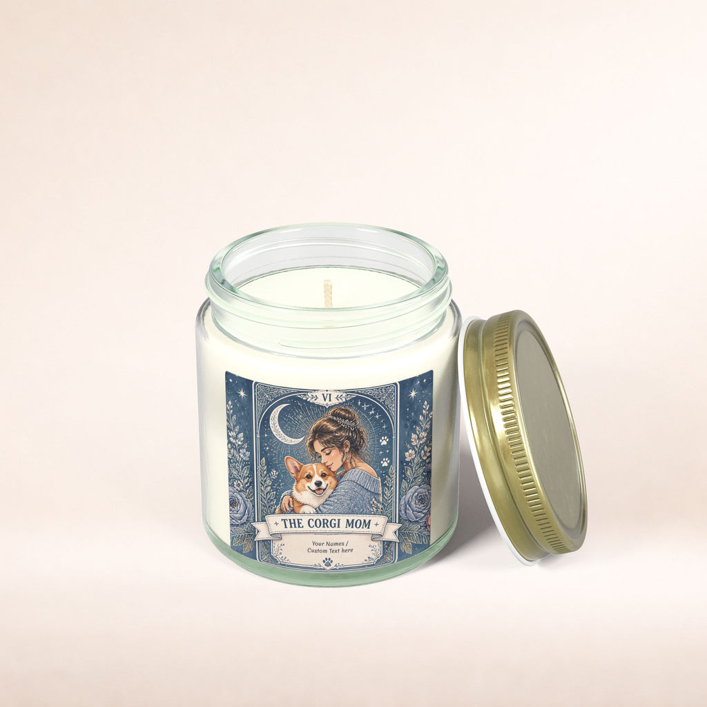 Personalized Tarot 'The Corgi Mom' scented candle with coconut apricot wax, custom printed by Printify.