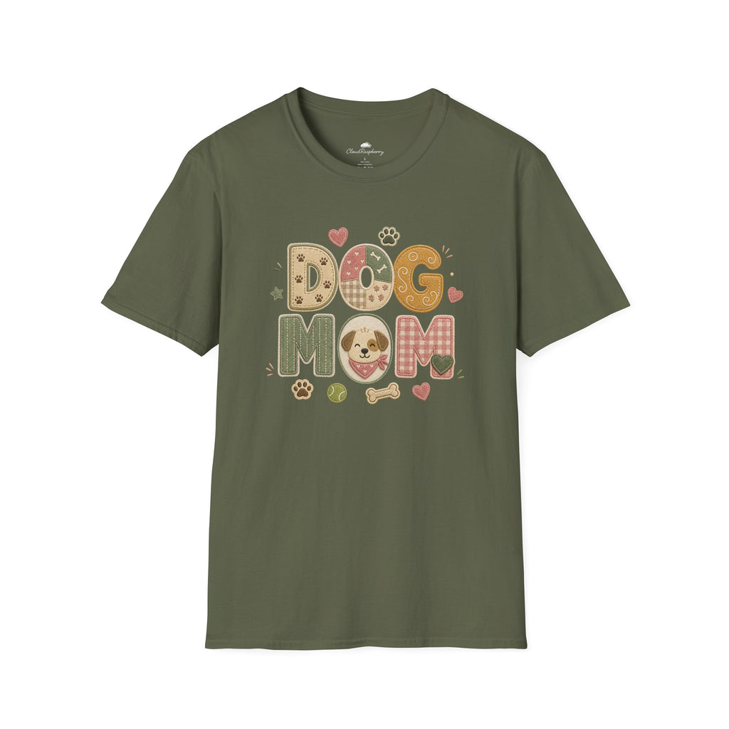 Colorful dog lover T-shirt featuring a patchwork style design for dog moms, made by Printify, casual women's shirt.