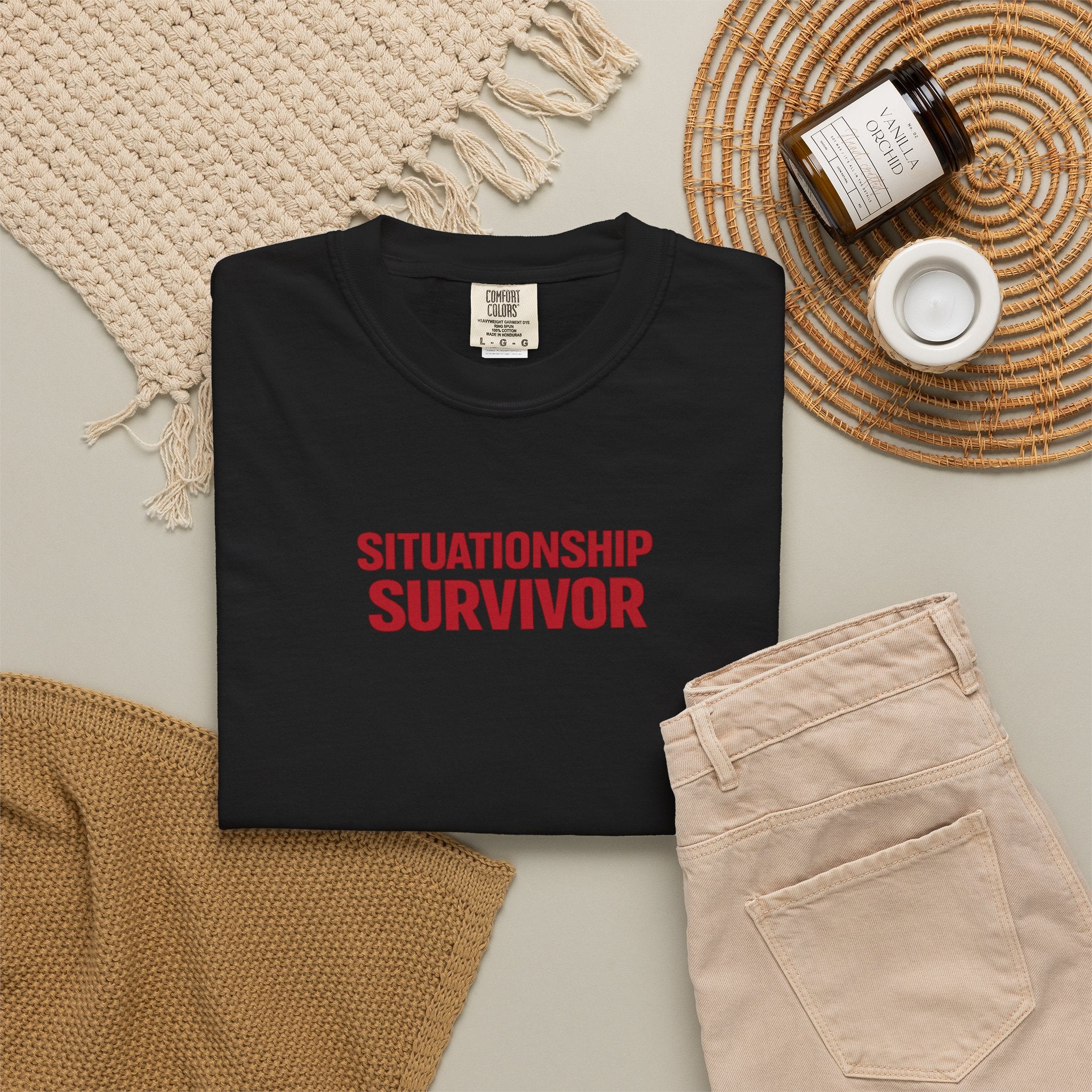 Funny Situationship Survivor T-shirt for women, featuring humorous design about single life and breakups, by Printify.