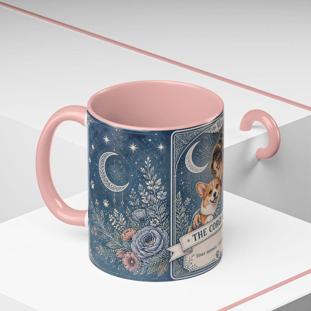 Personalized Corgi Mom tarot card coffee mug with custom dog mom design, featuring a cute and unique dog-themed accent.