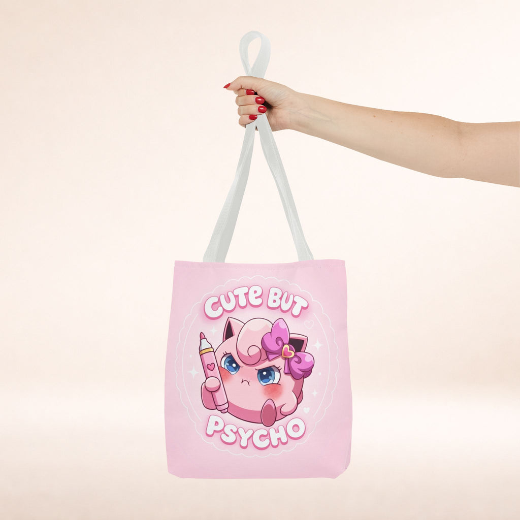 Pink "Cute But Psycho" tote bag by Printify, kawaii style shopper bag with playful text and vibrant pink color.