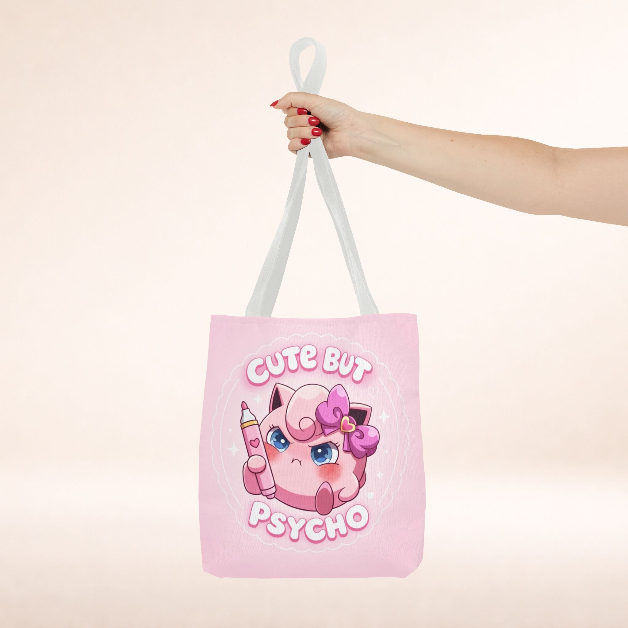 Pink "Cute But Psycho" tote bag by Printify, kawaii style shopper bag with playful text and vibrant pink color.