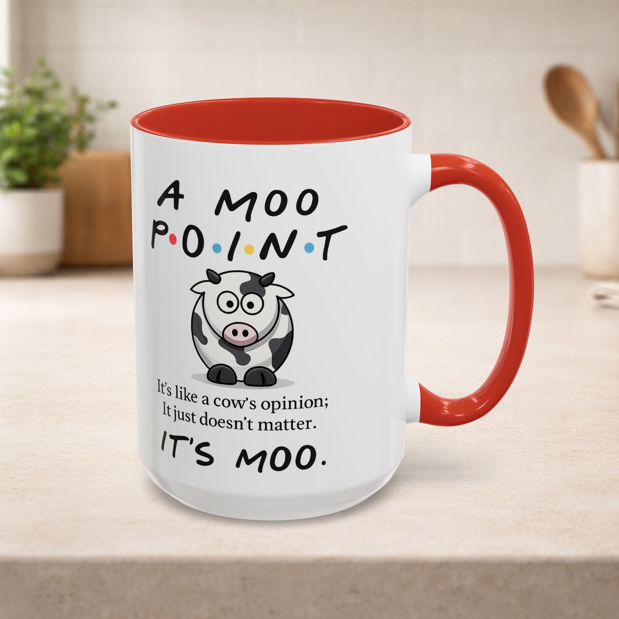 Friends Moo Point Mug with a cow design, humorous coffee mug by Printify, featuring a playful cow-themed joke.