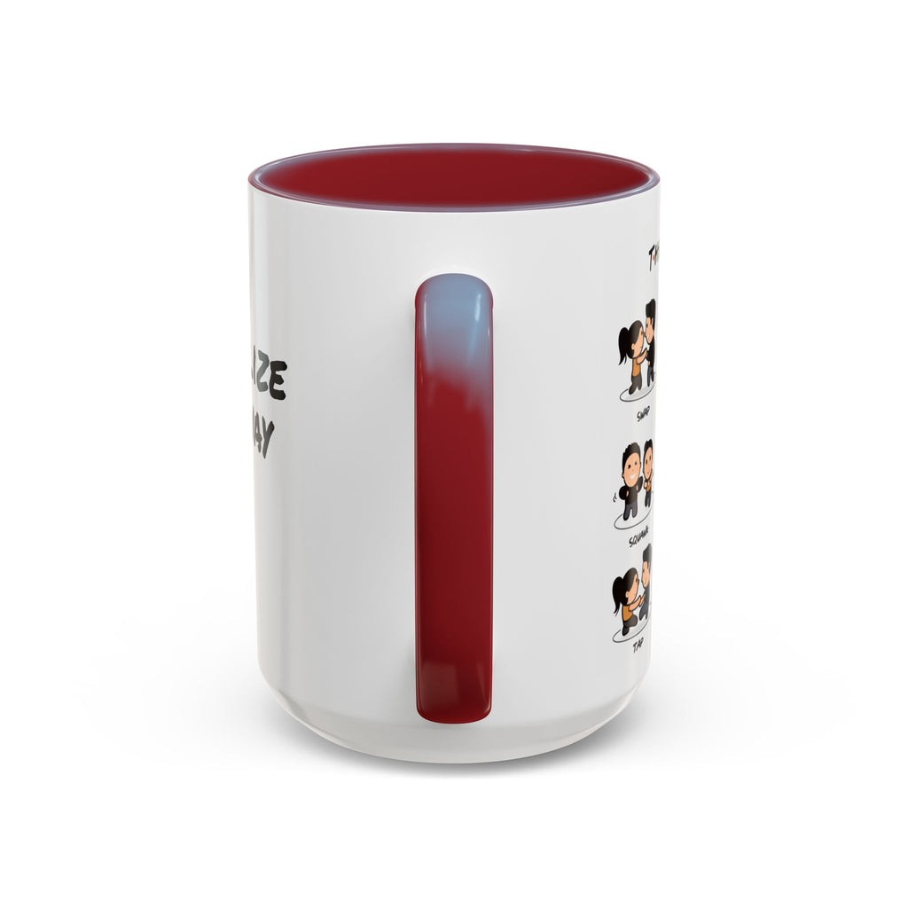 Friends-inspired funny "The Routine" accent coffee mug with cartoon design, made by Printify, featuring a colorful coffee-themed illustration.