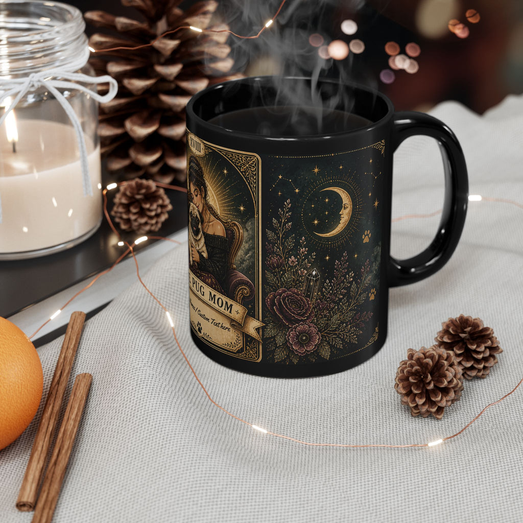 Personalized 'The Pug Mom' vintage tarot-style black coffee mug with custom text, featuring a pug illustration on a ceramic cup.