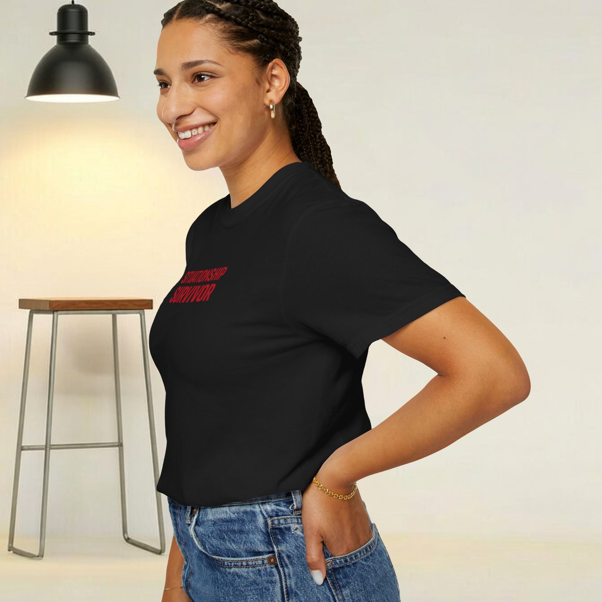 Funny Situationship Survivor T-shirt by Printify, featuring humorous text about single life for women.