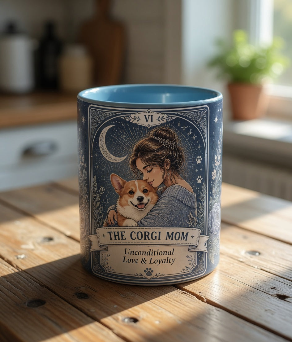 Personalized "The Corgi Mom" tarot card coffee mug with custom dog mom design, featuring a cute Corgi image on a white ceramic mug.