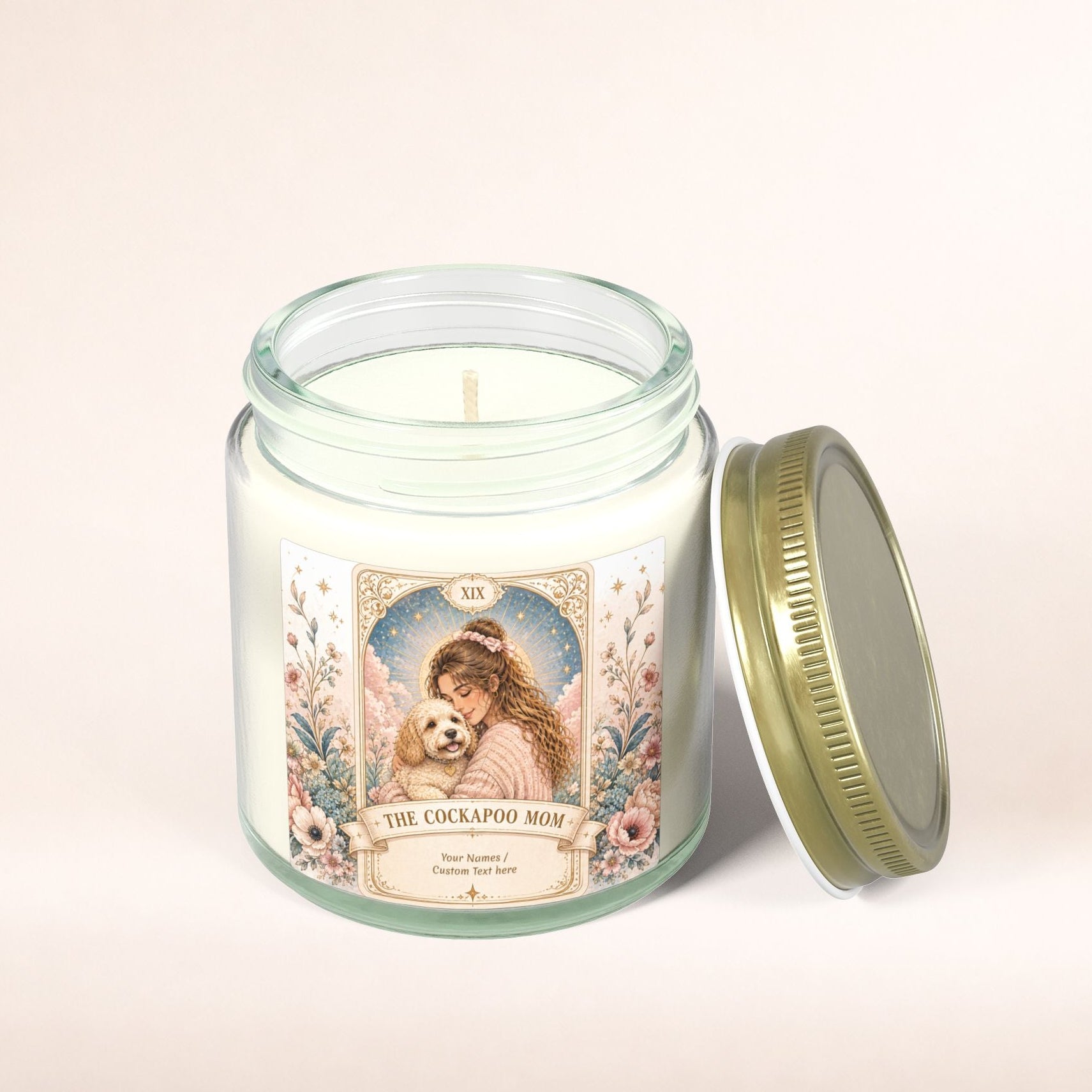 Personalized Tarot 'The Cockapoo Mom' scented candle with coconut apricot scent, available in 4oz and 9oz sizes.