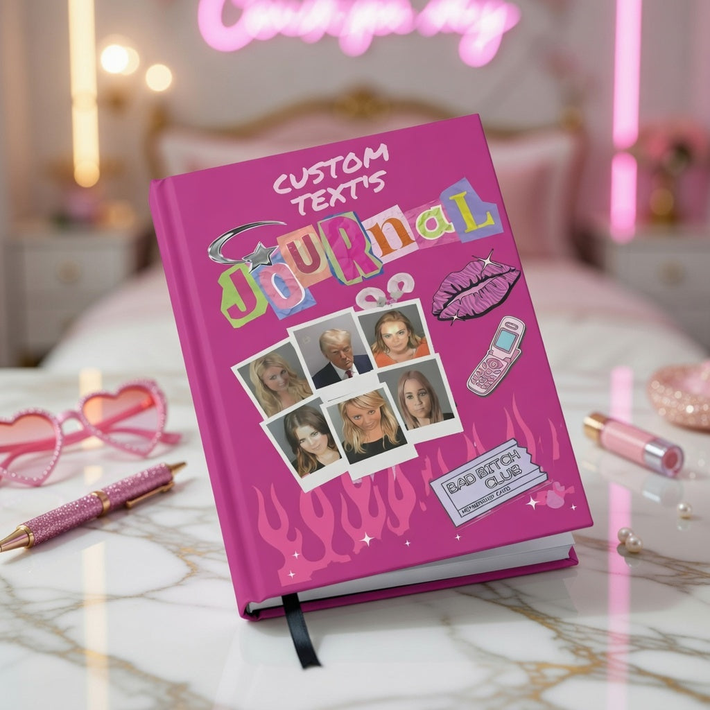 Personalized Y2K celebrity mugshot journal with "Bad Bitch Club" design, bimbo aesthetic notebook, ideal for 2000s-themed gifts.