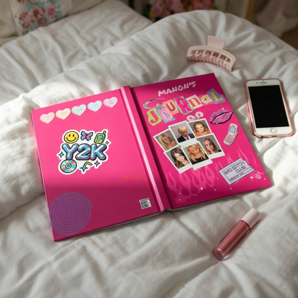 Personalized Y2K celebrity mugshot journal with "Bad Bitch Club" cover, bimbo aesthetic notebook for friends, 2000s style paper diary