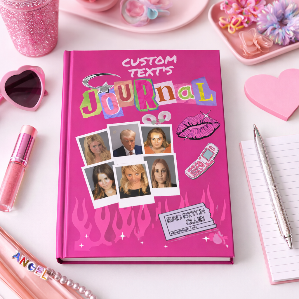 Personalized Y2K celebrity mugshot journal with "Bad Bitch Club" title, bimbo aesthetic notebook, 2000s-inspired paper diary.