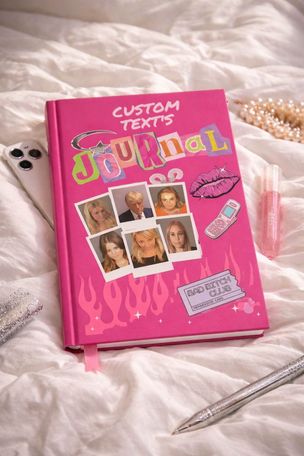 Personalized Y2K celebrity mugshot journal with "Bad Bitch Club" cover, bimbo aesthetic notebook, ideal for friends and 2000s style.