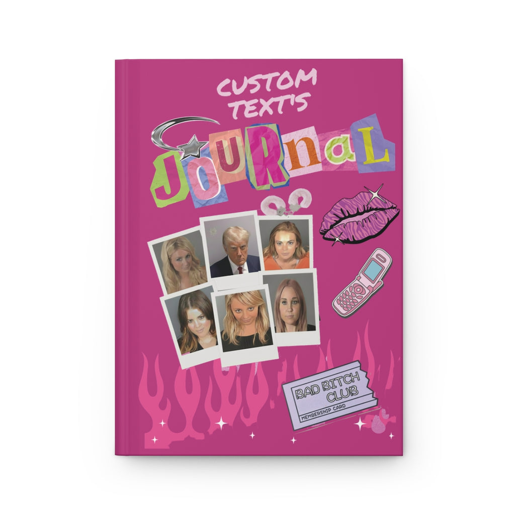 Personalized Y2K celebrity mugshot journal with "Bad Bitch Club" cover, bimbo aesthetic notebook, ideal for 2000s style paper products.