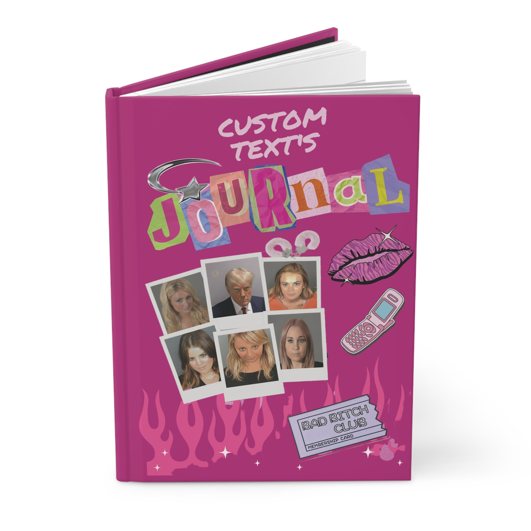 Personalized Y2K celebrity mugshot journal with "Bad Bitch Club" design, bimbo aesthetic notebook for 2000s style paper lovers.