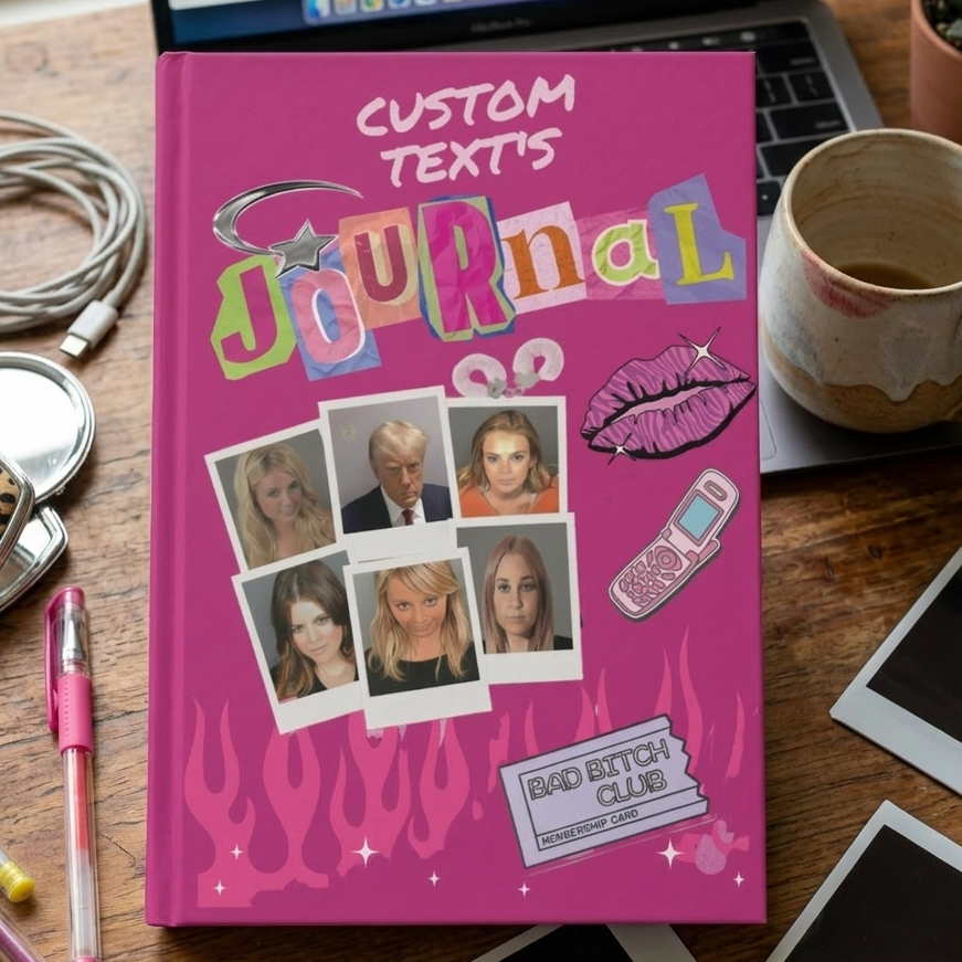 Personalized Y2K celebrity mugshot journal with "Bad Bitch Club" design, bimbo aesthetic notebook, ideal for 2000s-inspired paper gifts.