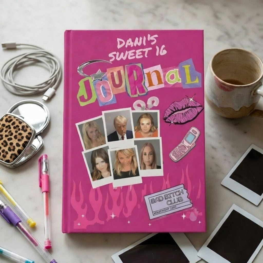 Personalized Y2K celebrity mugshot journal with "Bad Bitch Club" cover, bimbo aesthetic notebook, ideal for 2000s-inspired paper gifts