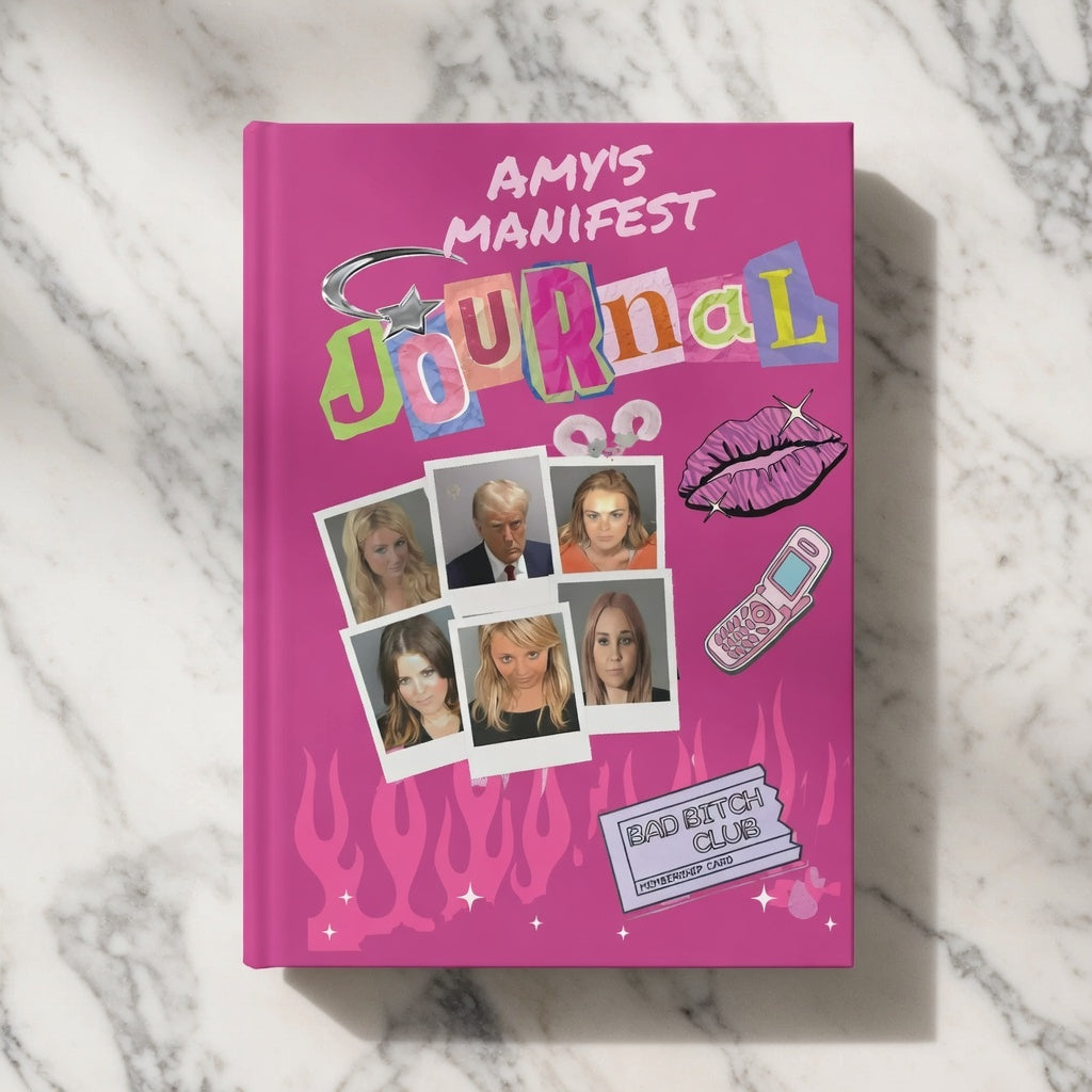 Personalized Y2K celebrity mugshot journal with "Bad Bitch Club" cover, bimbo aesthetic notebook from Printify, 2000s style paper product.