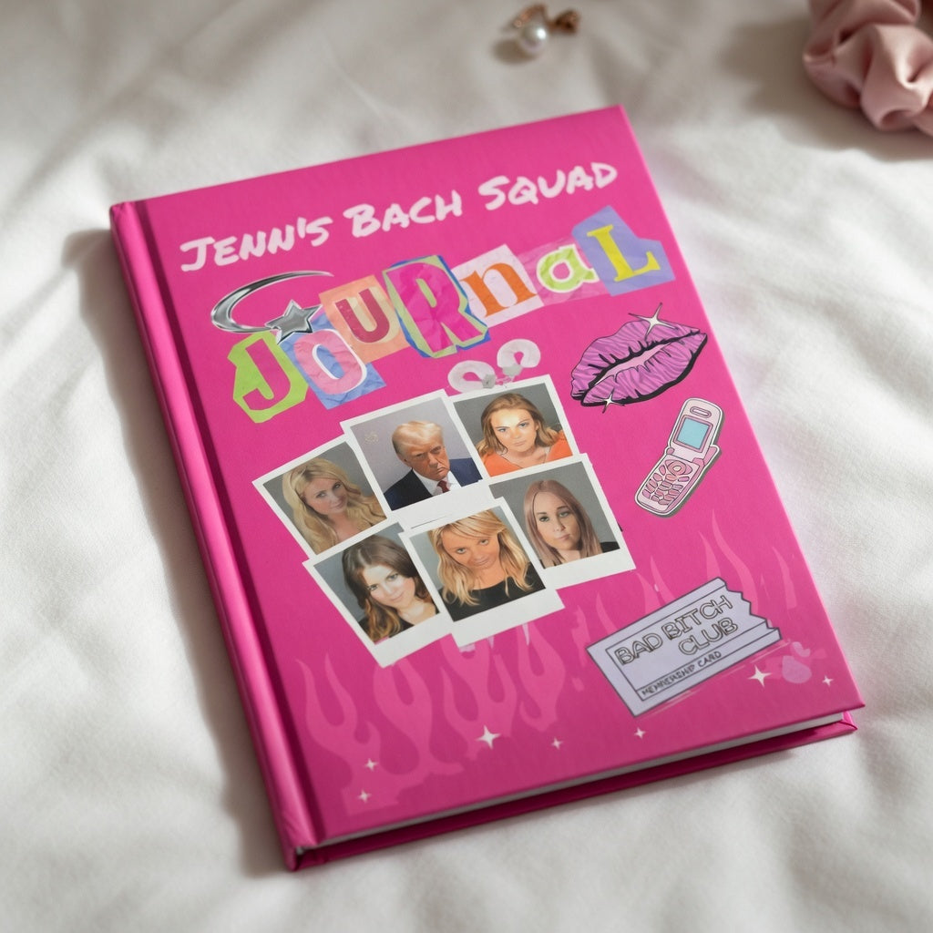 Personalized Y2K celebrity mugshot journal with "Bad Bitch Club" cover, bimbo aesthetic notebook, ideal for 2000s-inspired paper gifts.