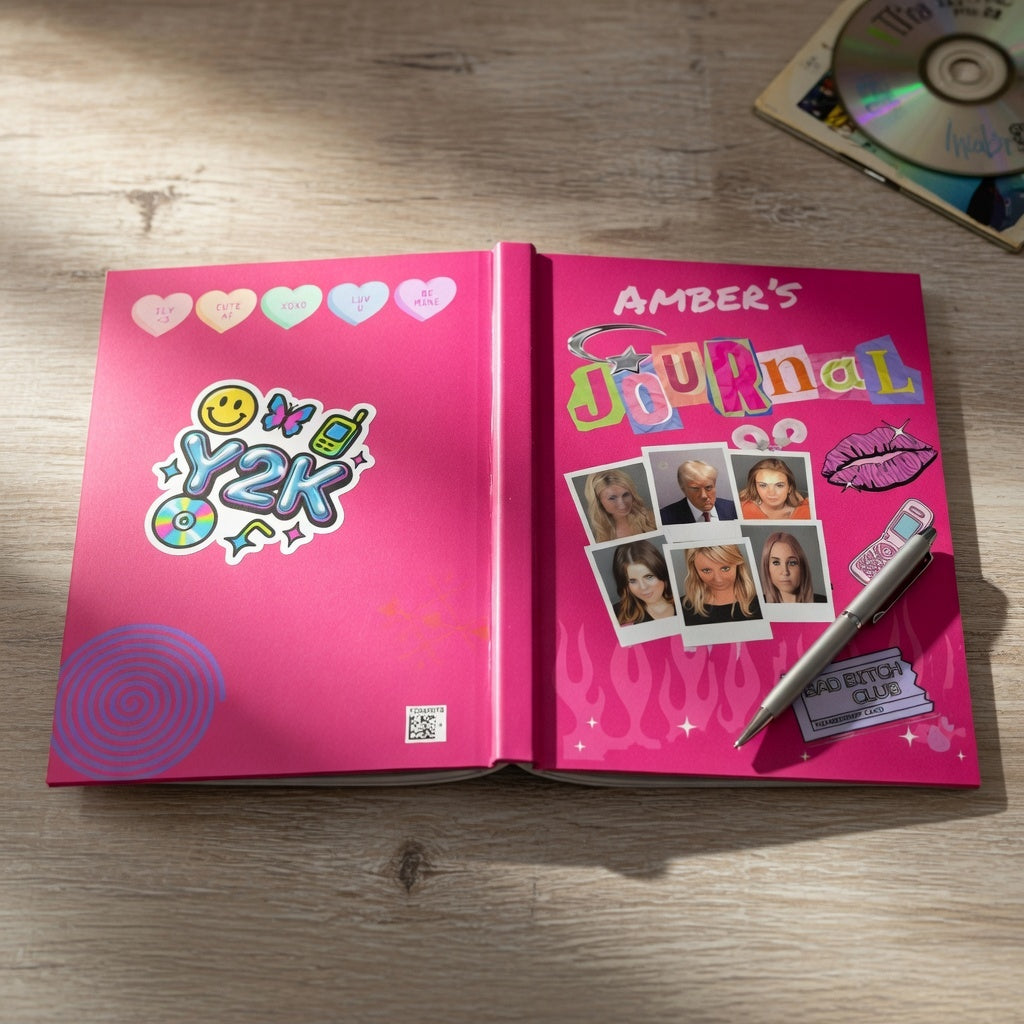 Personalized Y2K celebrity mugshot journal with "Bad Bitch Club" cover, bimbo aesthetic notebook, ideal for 2000s-themed gifts.