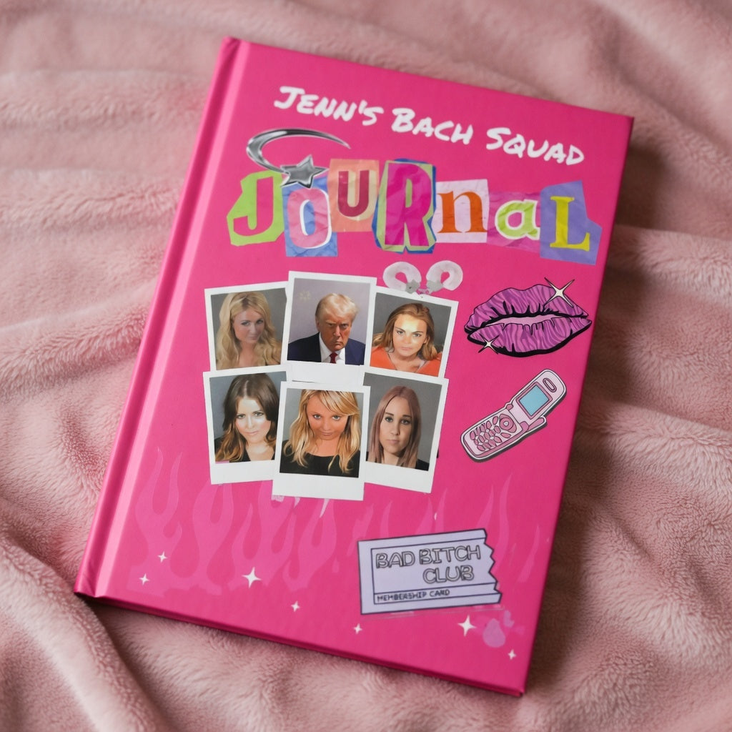 Personalized Y2K celebrity mugshot journal with "Bad Bitch Club" title, bimbo aesthetic notebook, ideal for 2000s-inspired diaries.