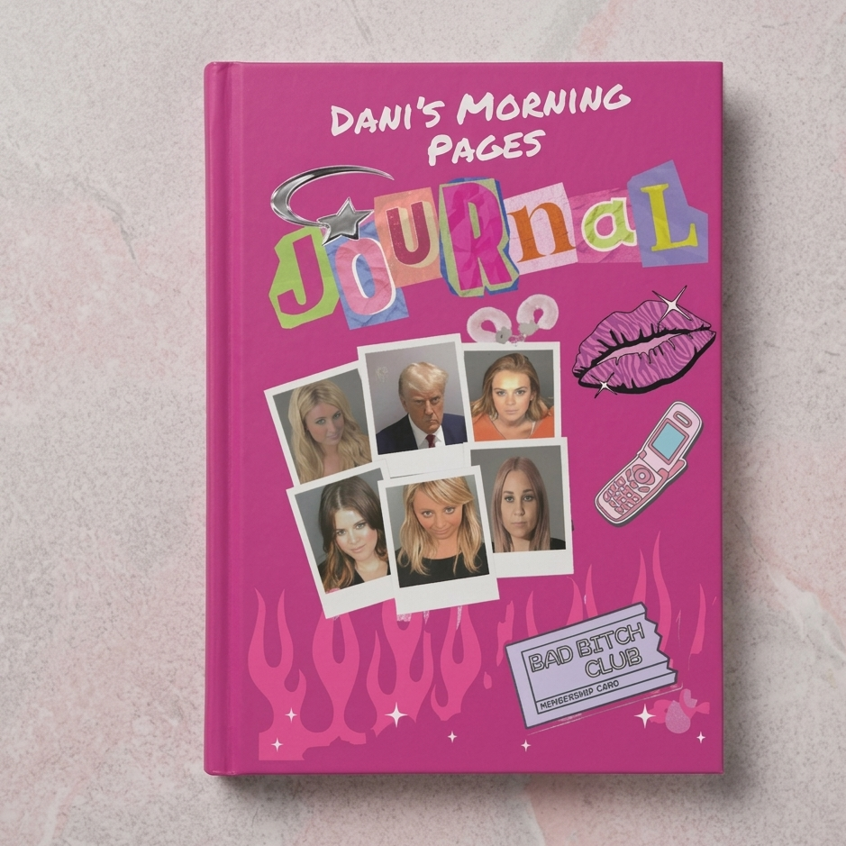 Personalized Y2K celebrity mugshot journal with "Bad Bitch Club" cover, bimbo aesthetic notebook, 2000s-inspired paper diary.