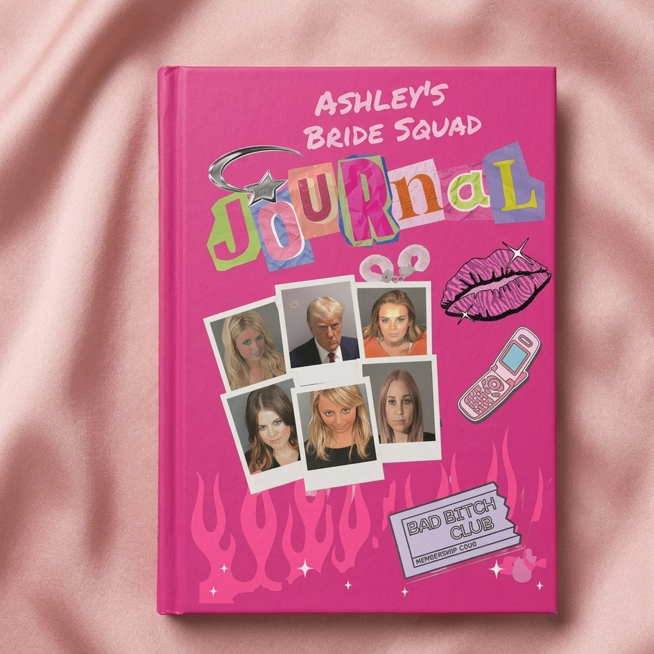 Personalized Y2K celebrity mugshot journal with "Bad Bitch Club" cover, bimbo aesthetic notebook, 2000s style paper diary.