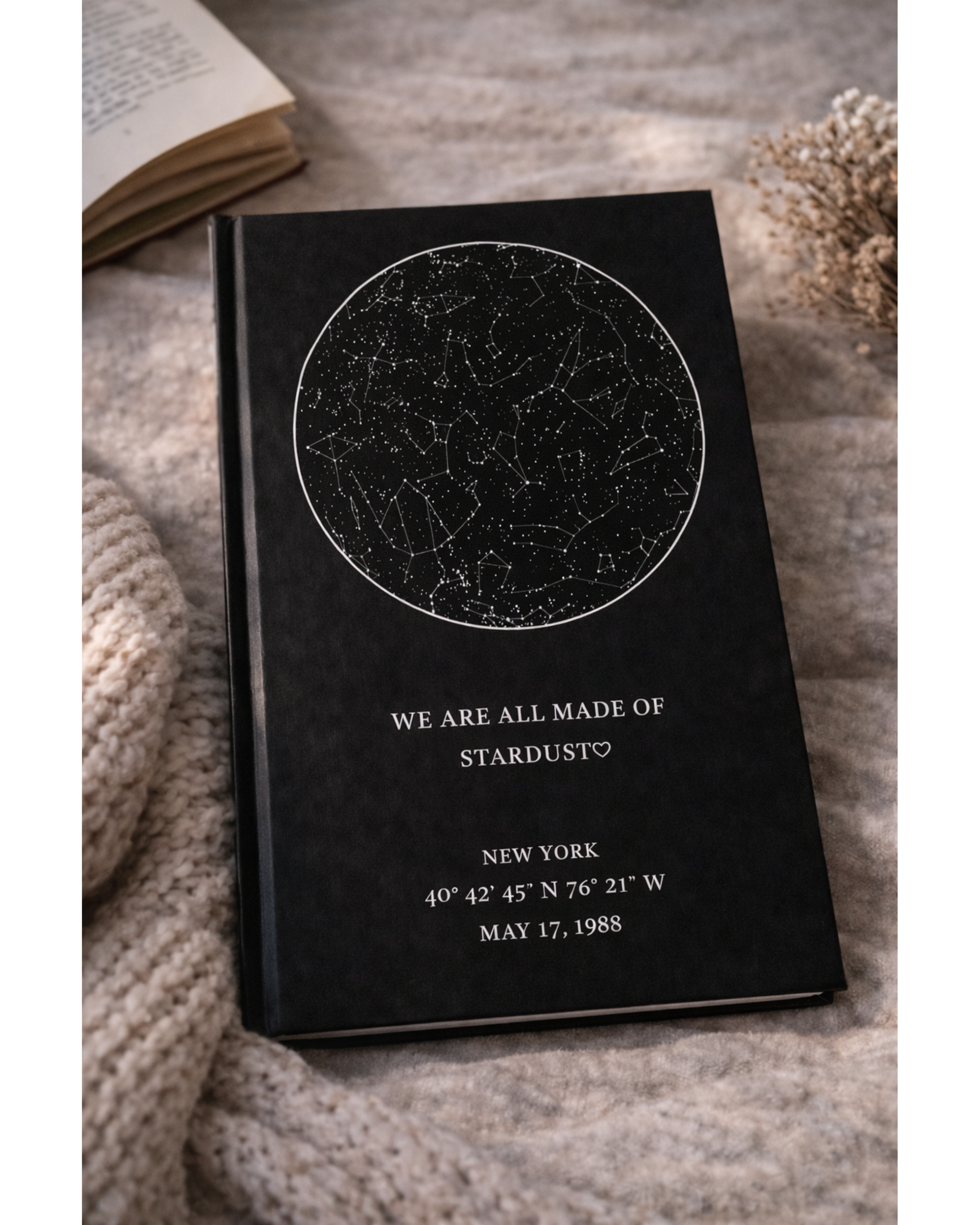 Custom star map journal by Printify featuring a night sky design, perfect for writing and memorable night sky moments.
