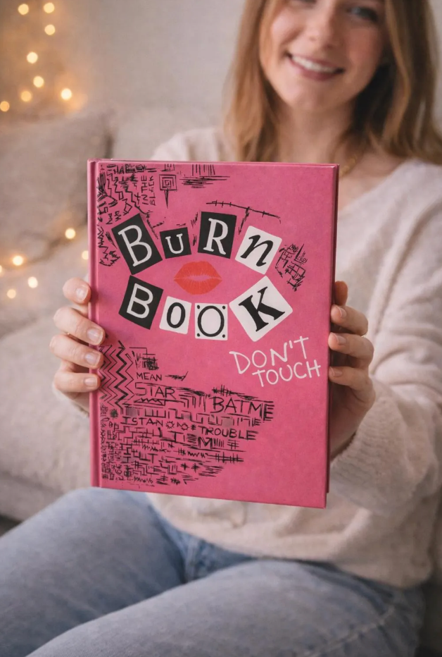 Personalized pink Y2K aesthetic burn book journal by Printify, custom paper notebook with vibrant design and unique style.