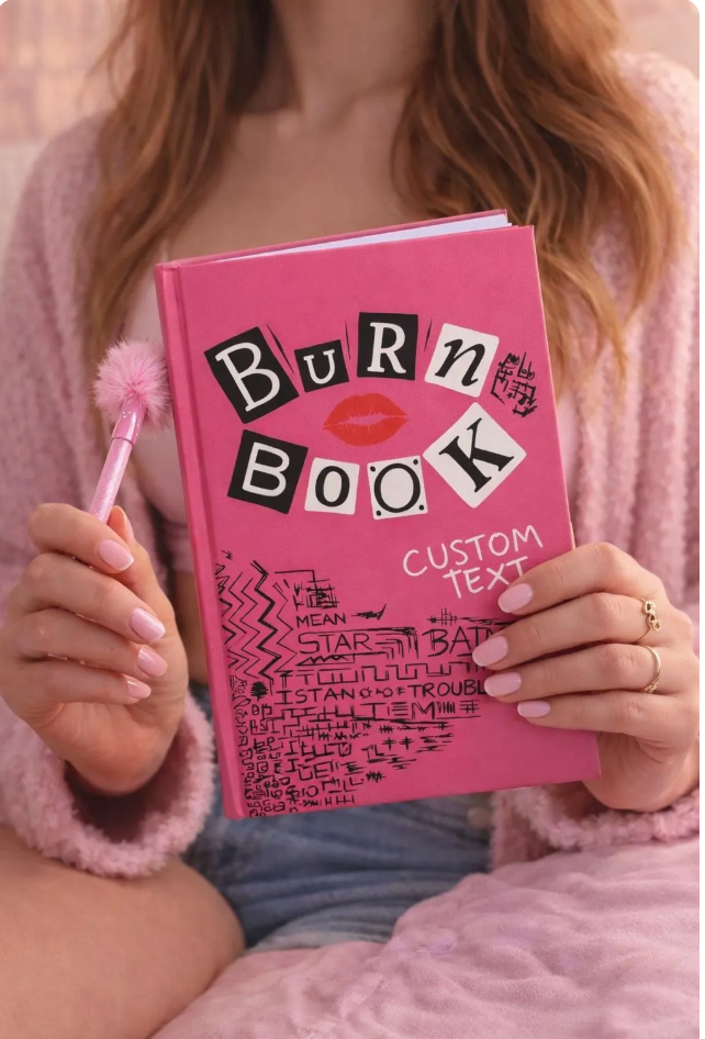 Personalized pink Y2K aesthetic burn book journal by Printify, custom notebook with decorative paper cover and unique design.