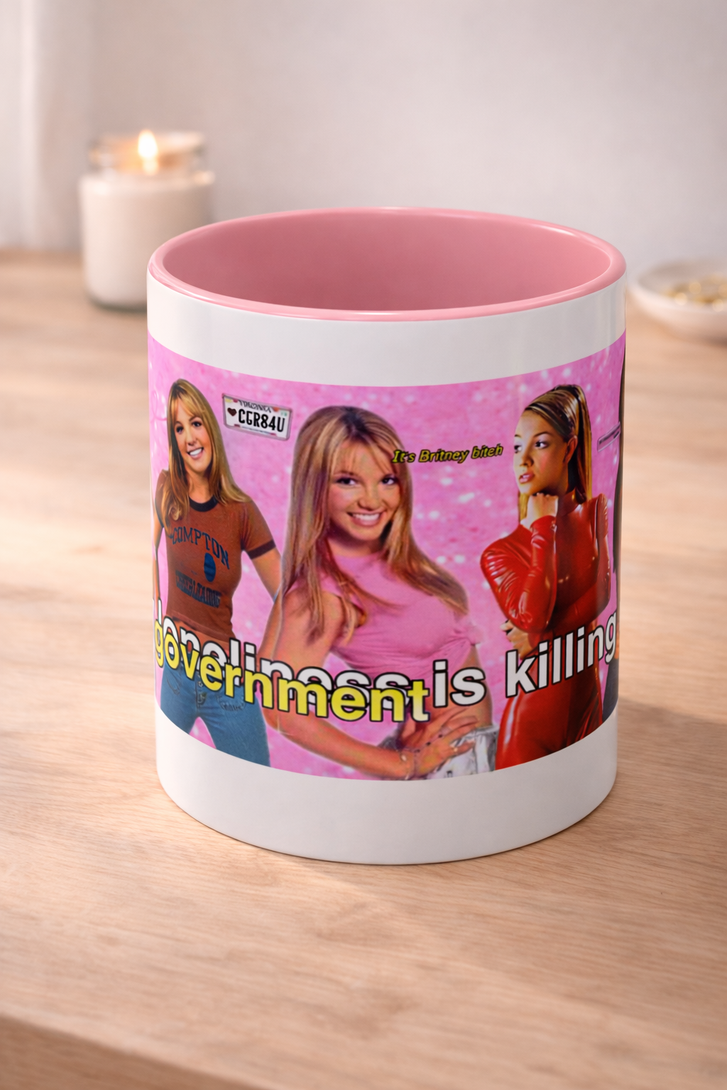 Y2K Britney collage accent coffee mug with "My Government is killing me" text and colorful design, ceramic mug with handle.