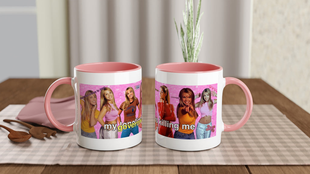 Y2K Britney Collage Accent Coffee Mug with printed "My Government is killing me" slogan, featuring colorful Britney Spears images, ceramic mug
