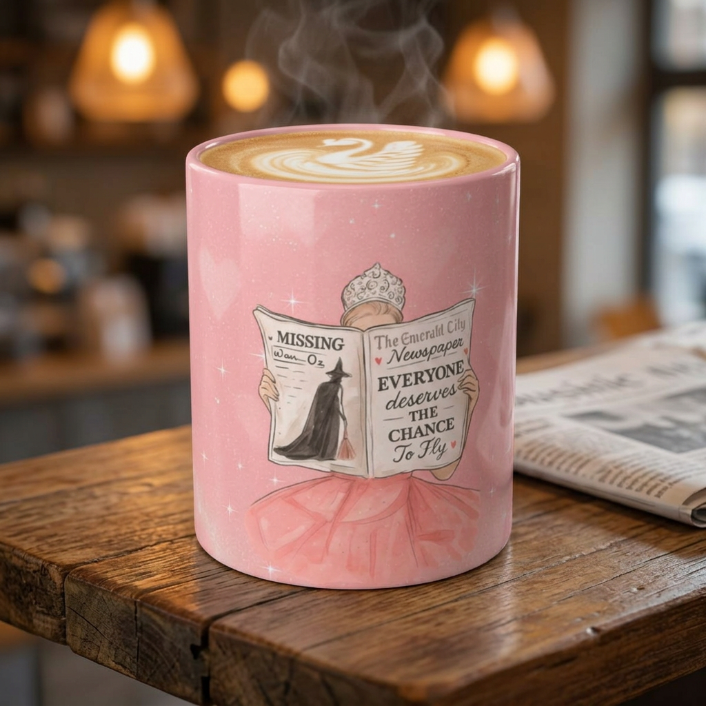 Pink "Everyone Deserves to Fly" coffee mug for musical fans with printed design, ceramic mug featuring a motivational message.