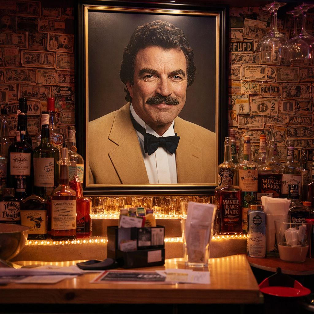 Vintage framed canvas of a retro man's face portrait, suitable for man cave bar decor with wooden frame included.