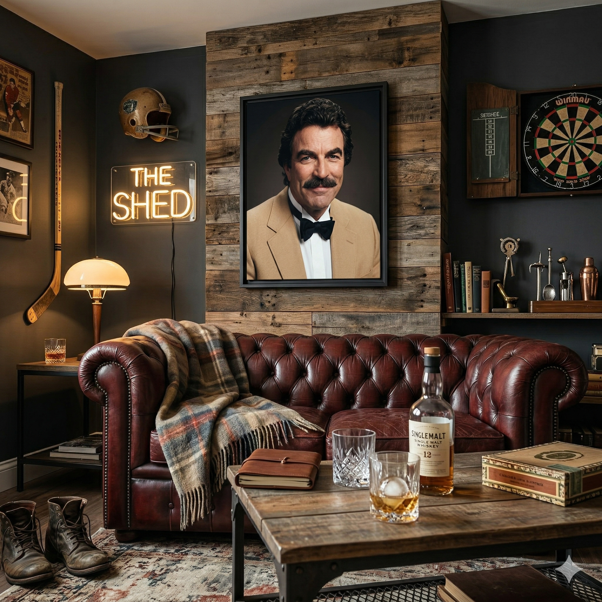 Vintage framed canvas print of a retro man cave bar decor featuring a Tom portrait in a wooden frame.