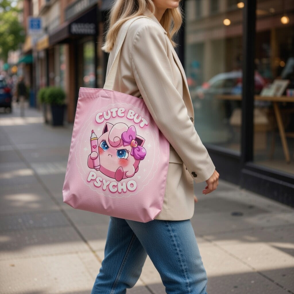 Pink "Cute But Psycho" tote bag by Printify, kawaii pink shopper with bold text, casual reusable bag for everyday use.