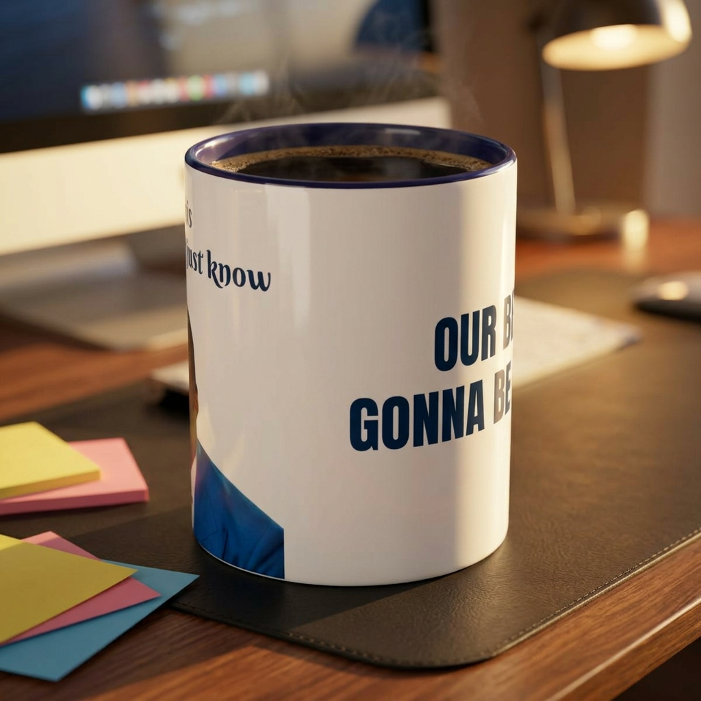 Gray ceramic coffee mug featuring a humorous "Our Beef Is Gonna Be Forever" print, available in 11oz and 15oz sizes.