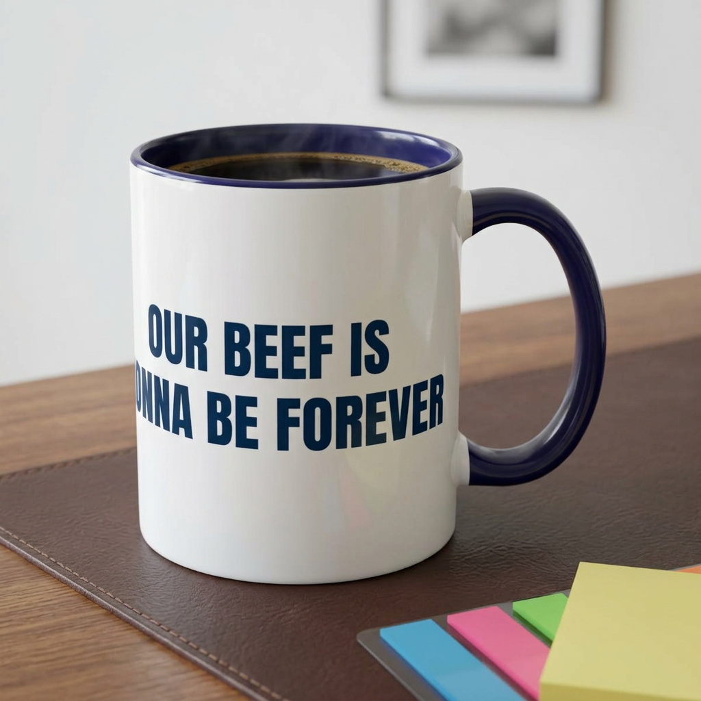 Black ceramic coffee mug with humorous "Our Beef Is Gonna Be Forever" print, available in 11oz and 15oz sizes.