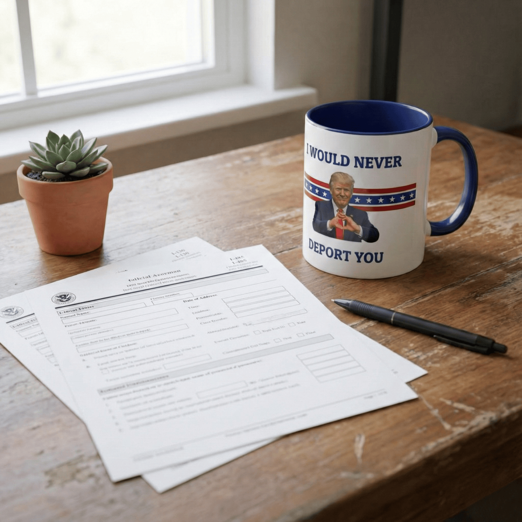 White ceramic mug with sarcastic Trump meme text "I Would Never Deport You" in black font, designed by Printify.