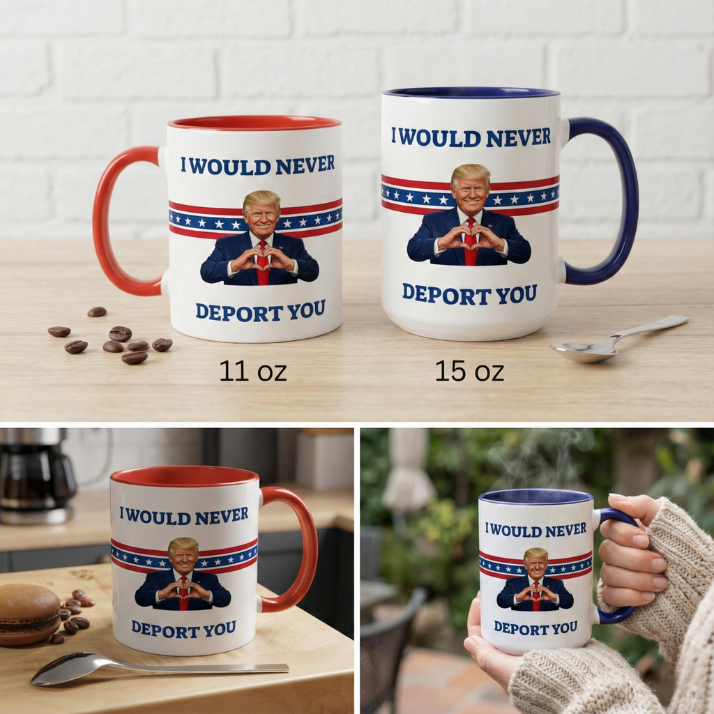 Sarcastic Trump mug with humorous political meme design, featuring the text "I Would Never Deport You" on a ceramic mug.